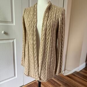 Dressbarn Petite Medium cable-knit open cardigan neutral tan or oatmeal shade